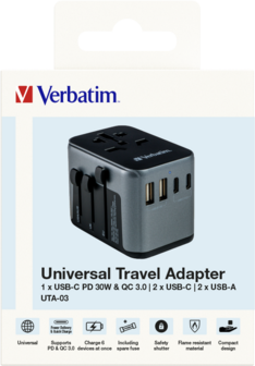 Verbatim UTA-03 Universal Travel Adapter incl USB-A+USB-C