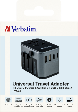 Verbatim UTA-03 Universal Travel Adapter incl USB-A+USB-C
